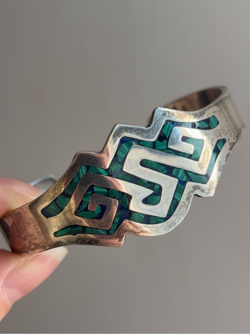 Vintage Taxco Mexico Sterling Silver Malachite Inlay Cuff Bracelet TJ-67 29.6g
